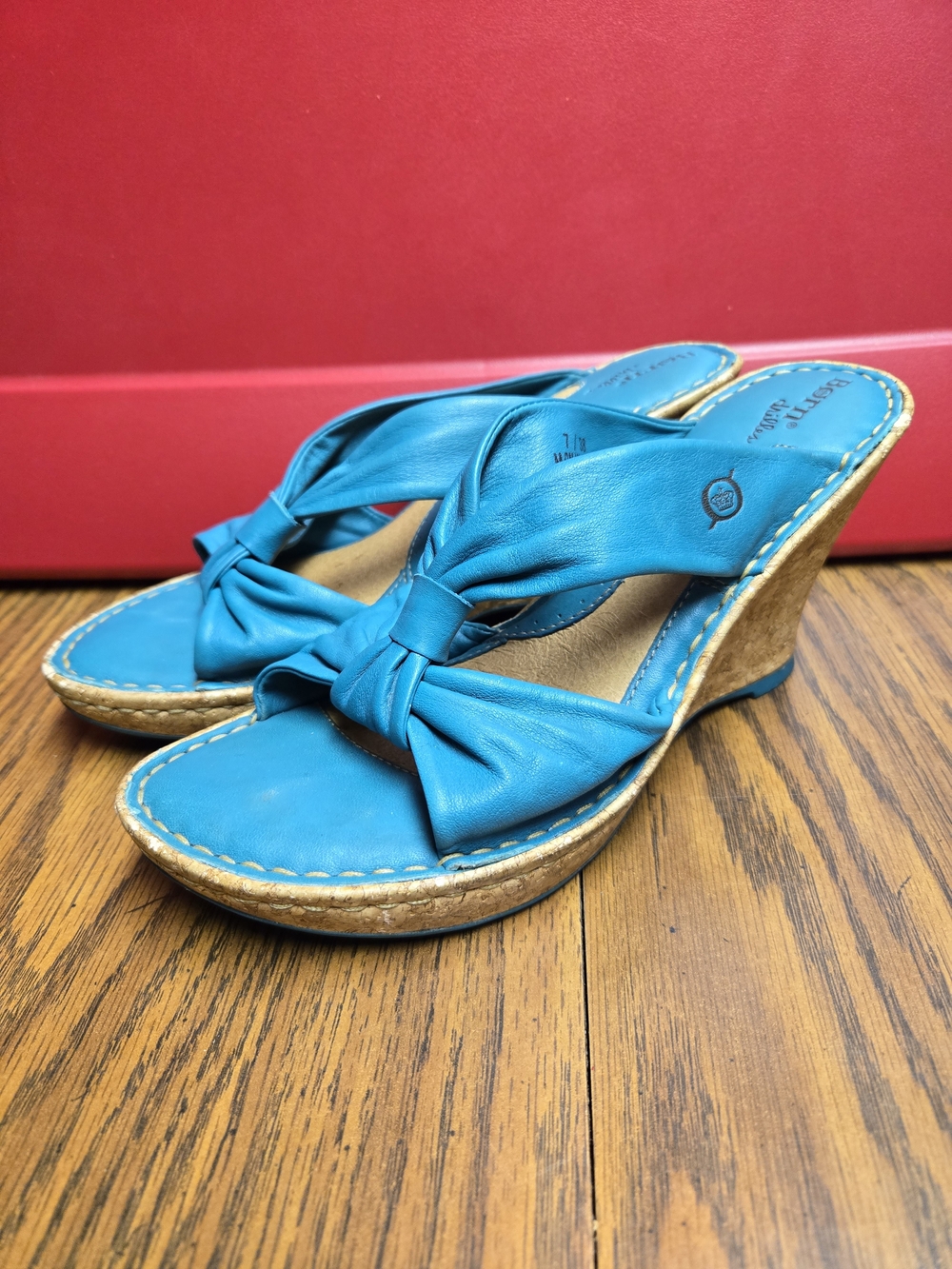 Born Teal Leather Knot Cork Wedge Sandals - Women